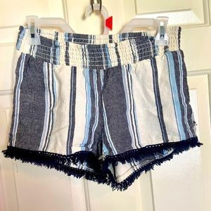 Blue and White Stripe Summer Shorts. Coastal Shorts. Fringe bottom. Lightweight.